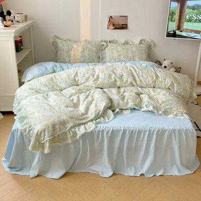 Decorbites™ Korean Lace Ruffles Bettwäsche-Set mit Bettrock, weiches hautfreundliches Material