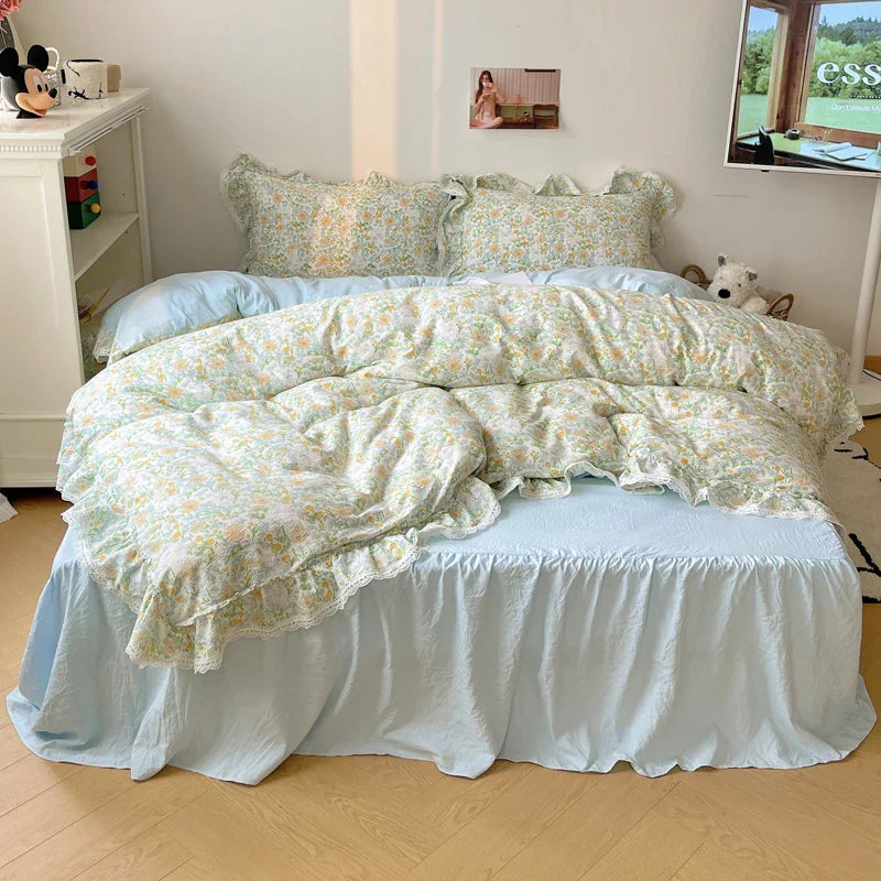 Decorbites™ Korean Lace Ruffles Bettwäsche-Set mit Bettrock, weiches hautfreundliches Material