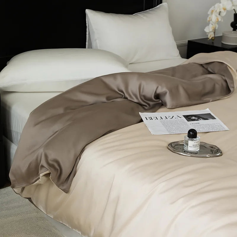 DecorBites™ Double Layer Satin Queen Duvet Set Smooth & Cool Luxury Quilt Cover Pillowcases