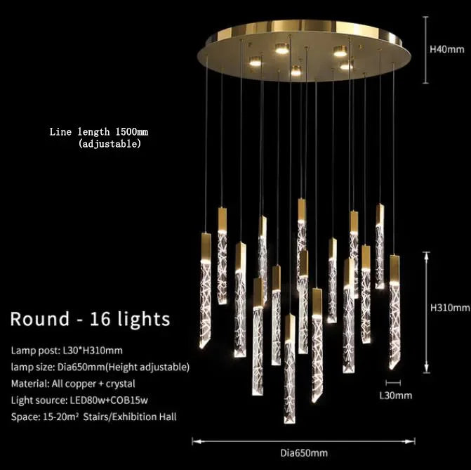 Gold Crystal Loft Chandelier 16-Light For Staircase