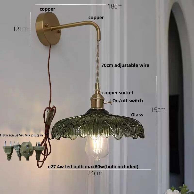Decorbites™ Amber Vintage LED Wandlampe Glas Kupfer Zugschalter für Schlafzimmer