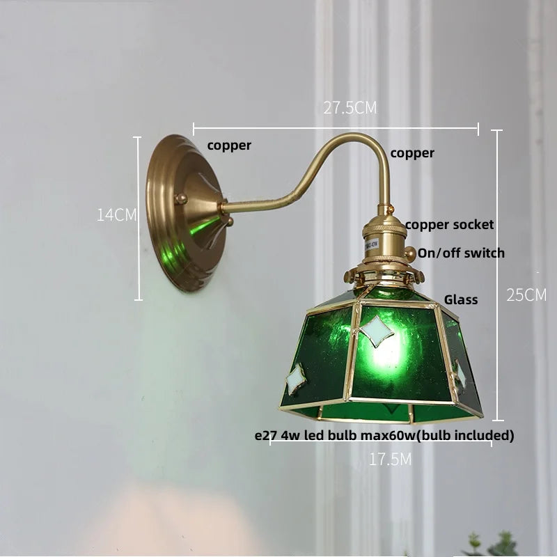 Decorbites™ Grünes Glas LED Wandapplikation mit Kupferknopf-Schalter Vintage-Loft-Treppenlicht
