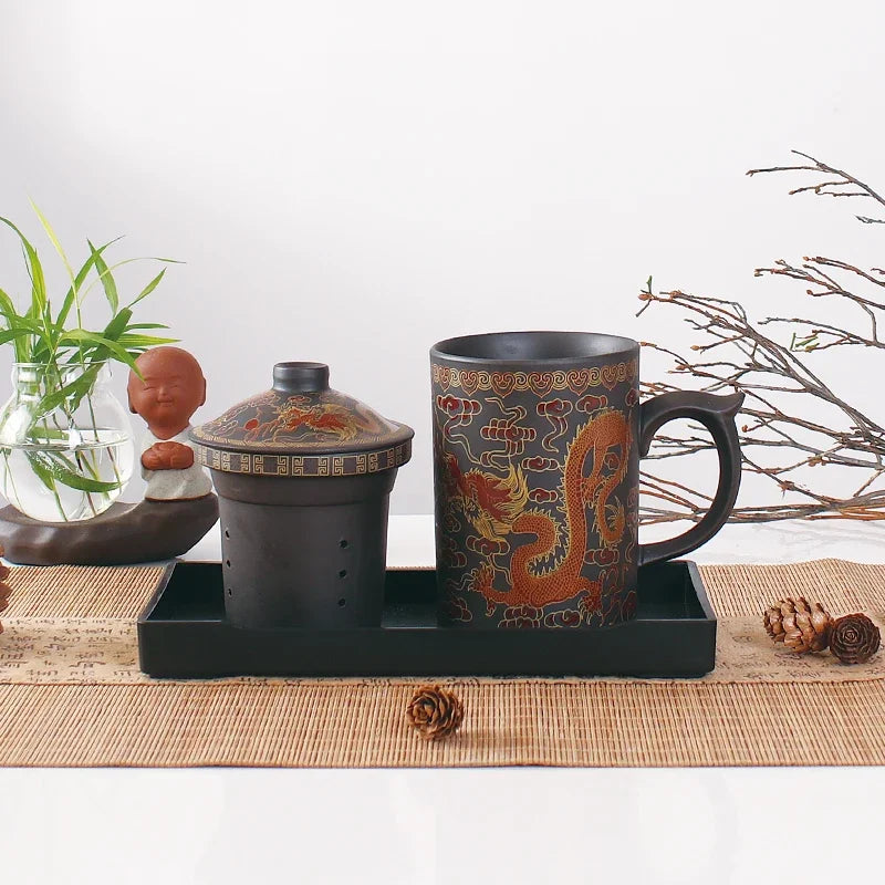 Decorbites™ Drachen-Lila-Ton-Teetasse mit Deckel und Sieb, handgefertigte Yixing-Teetasse