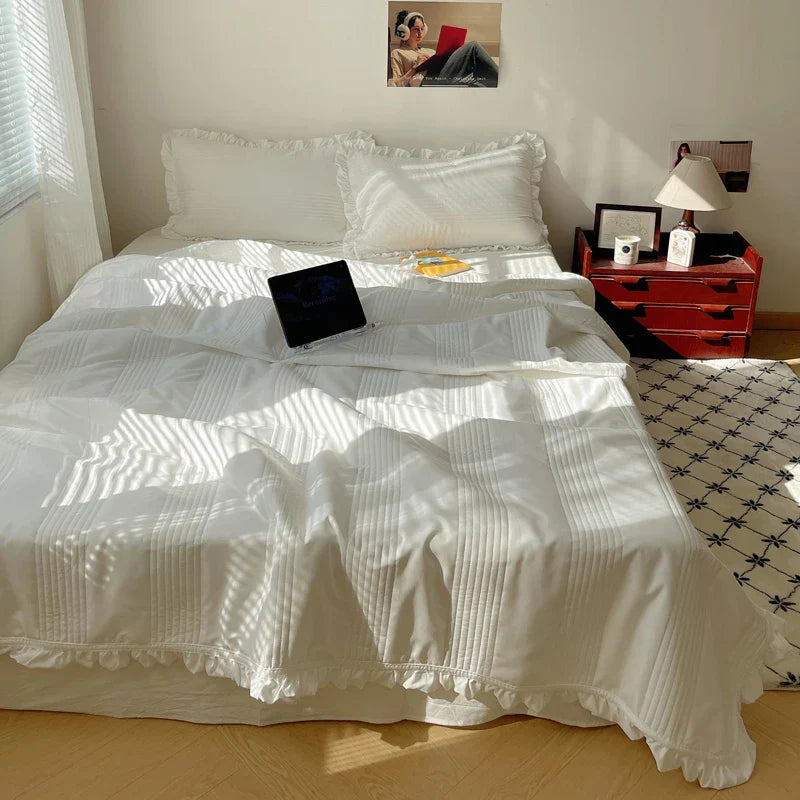 DecorBites™ Korean Princess Lace Ruffles Summer Quilt Bedspread - 3Pc Bedding Set