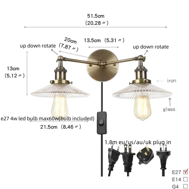 Decorbites™ Industrielles Vintage-Loft 2-Licht Steckdoseneinschaltbare LED-Wandleuchte