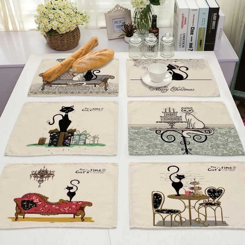 Decorbites™ Schwarze Katze Leinen-Platzset für Esstisch & Küchendekoration