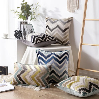 DecorBites™ Geometric Chenille Flocking Cushion Cover: Grey-Beige Home Decor Pillow Case