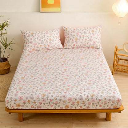 DecorBites™ Green Leaf Flower Fitted Sheet Set with 2 Pillowcases for All Seasons