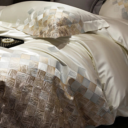 Decorbites™ 4-teiliges Luxus-Stickerei-Bettwäsche-Set in Perlmuttweiß/Grau Satin-Brokat-Baumwolle