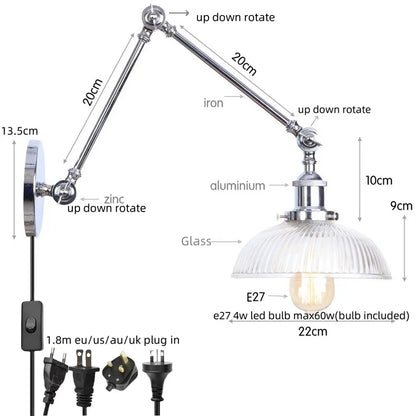 Decorbites™ Industrielles Loft Schwenkarm-LED-Wandleuchte Glas Vintage Spiegel-Lampe