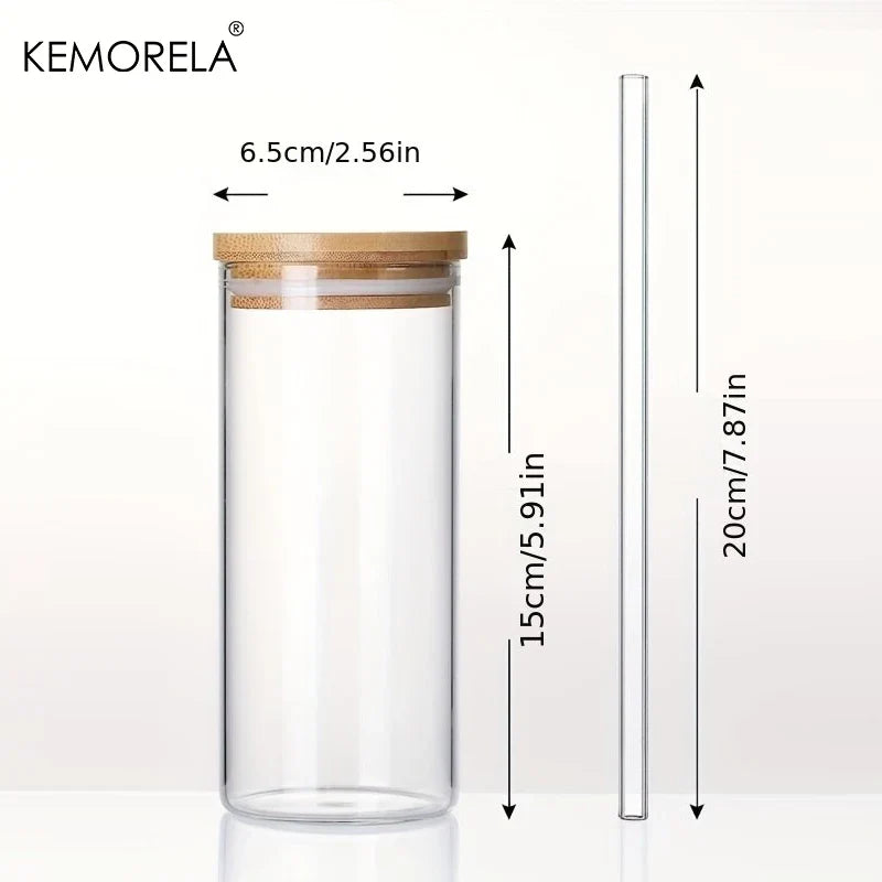 Decorbites™ 4-teiliges Set klare Glas-Tumbler-Becher mit Bambusdeckeln und Strohhalmen - 600 ml