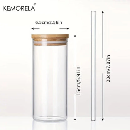 Decorbites™ 4-teiliges Set klare Glas-Tumbler-Becher mit Bambusdeckeln und Strohhalmen - 600 ml