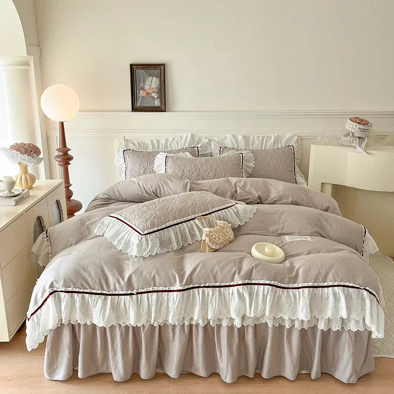 Decorbites™ Spitzen-Volants-Bettwäsche-Set: 4-teilig, einfarbiges Prinzessinnen-Bettüberzug, Bettrock, 100% Baumwoll-Kissenbezug