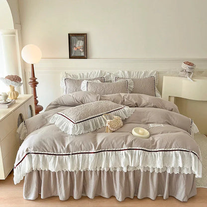 Decorbites™ Spitzen-Volants-Bettwäsche-Set: 4-teilig, einfarbiges Prinzessinnen-Bettüberzug, Bettrock, 100% Baumwoll-Kissenbezug