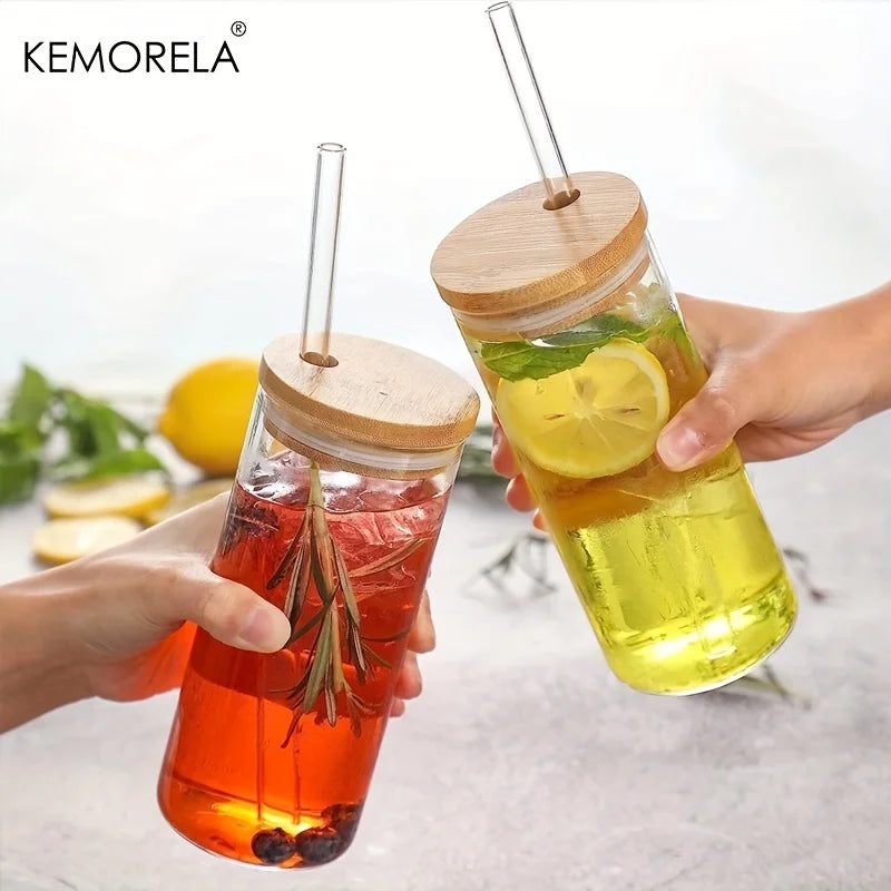 Decorbites™ 4-teiliges Set klare Glas-Tumbler-Becher mit Bambusdeckeln und Strohhalmen - 600 ml