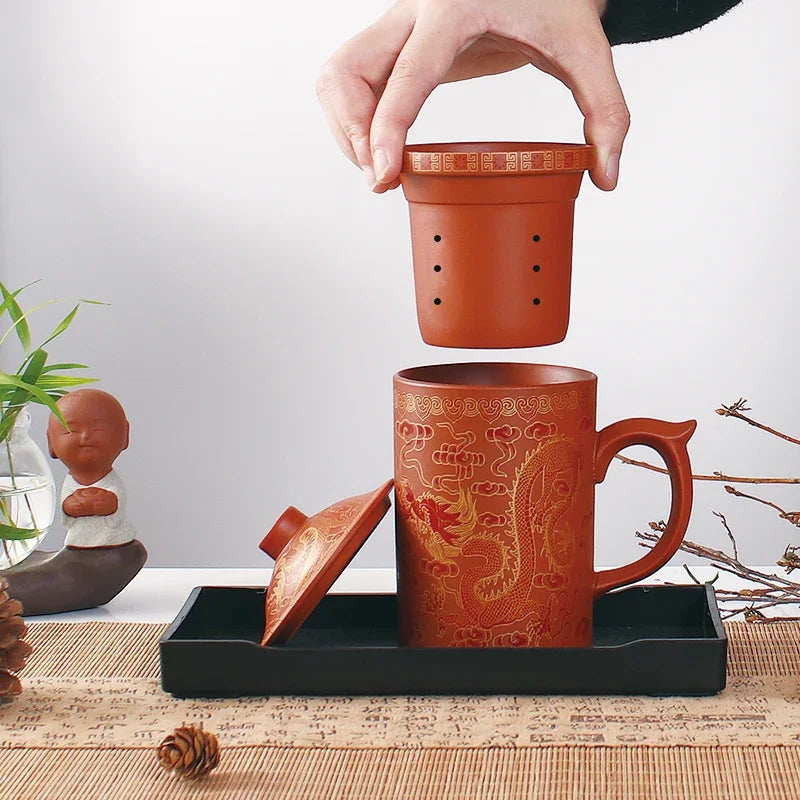 Decorbites™ Drachen-Lila-Ton-Teetasse mit Deckel und Sieb, handgefertigte Yixing-Teetasse
