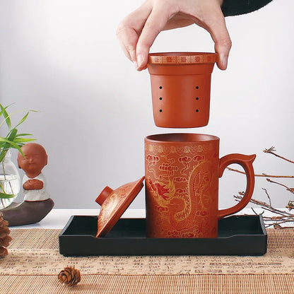 Decorbites™ Drachen-Lila-Ton-Teetasse mit Deckel und Sieb, handgefertigte Yixing-Teetasse