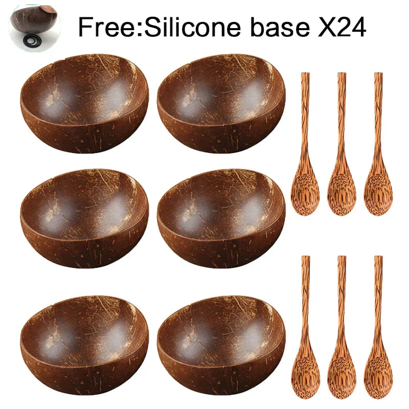 Decorbites™ Kokosnussschalen-Set mit Holzlöffel: Natürliches handgefertigtes Tischgeschirr für Desserts, Früchte, Salate