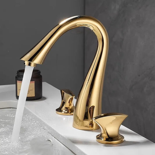 Decorbites™ Schwarz & Gold Beckenarmatur: 3-Loch-Wasserfall-Waschbeckenhahn, Vollmessig