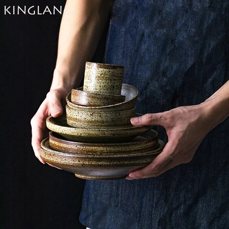 Decorbites™ Japanischer Stil Handgefertigtes Steinzeug-Essgeschirr-Set – Runde Teller und Schalen