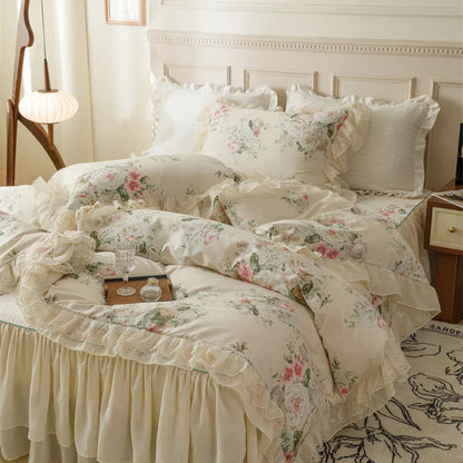 DecorBites™ French Country Flowers Print Bedding Set with Lace Ruffles