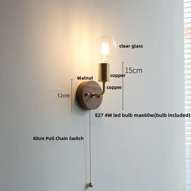 DecorBites™ LED Walnut Wood Wall Light Fixture Clear Glass Sconce Bedside Lamp