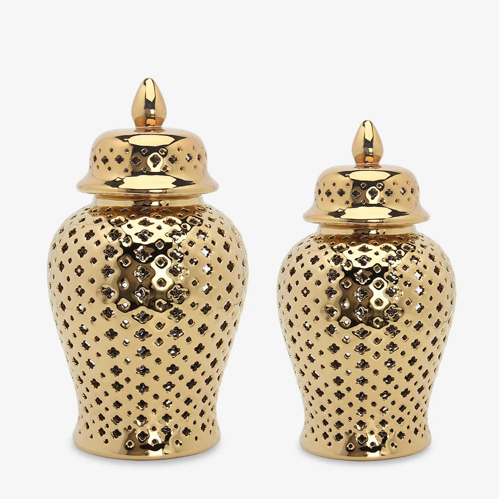 Decorbites™ Golden Ceramic Ginger Jar Heimdekoration Vase Topf Blumenarrangement Aufbewahrungsgefäß
