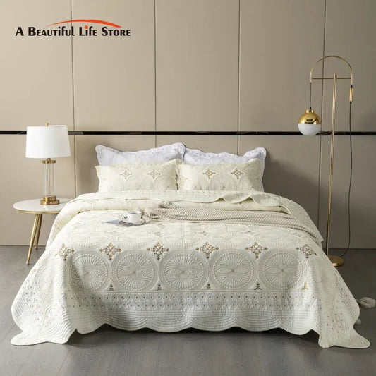 Decorbites™ Goldstickerei Baumwolle Boho-Steppdecke-Set - 3-teilig mit Überzug & Kissenbezug