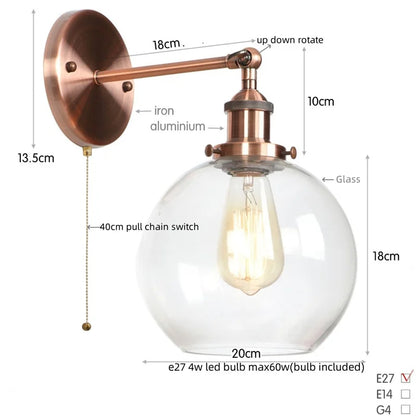 Decorbites™ Glasgloben-LED-Wandleuchte mit einarmiger Armatur Nachttischlampe im Vintage-Industrial-Stil