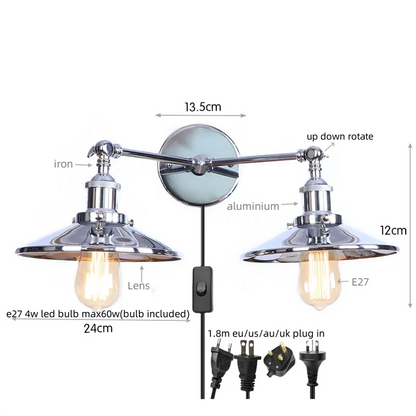 Decorbites™ Industrielles Vintage-LED-Wandleuchte mit Doppeltopf für Kaffeelesen, Steckdosen-Nachttischlampe