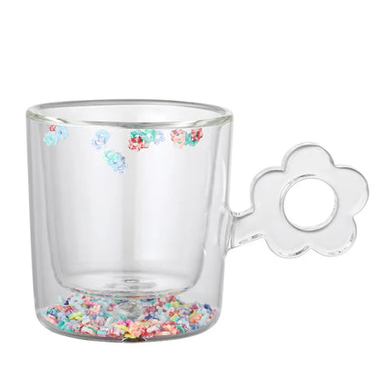 DecorBites™ 250ml doppelwandige Glastasse mit Glitzerblumen und Blumengriff