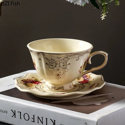 DecorBites™ Lace Edge Flower Ceramic Cup & Saucer Set - Gold-plated Teacup for Dining Table