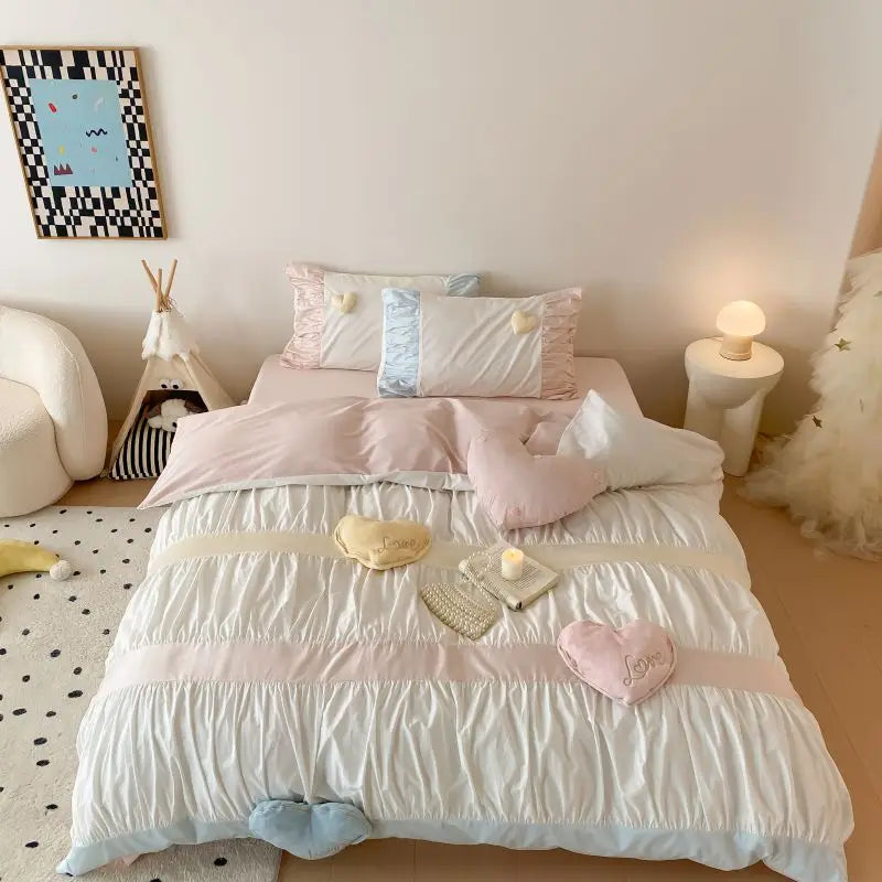Decorbites™ Herzförmiges Bettwäsche-Set aus gewaschener Baumwolle - Bettbezug, Bettlaken, Kissenbezüge
