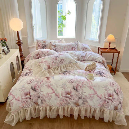 Decorbites™ Französisches Vintage-Spitzen-Prinzessinnen-Bettwäsche-Set mit Blumenprint-Bettüberzug