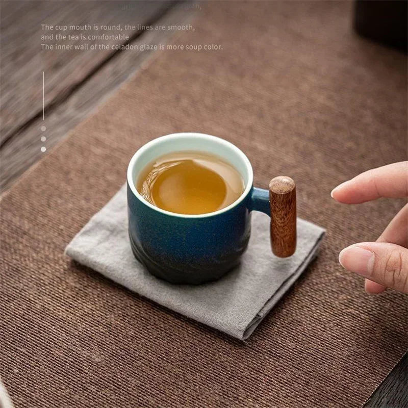 Decorbites™ Gradient-Glasur-Keramik-Kaffeetasse mit Holzeingriff für Zuhause und Büro