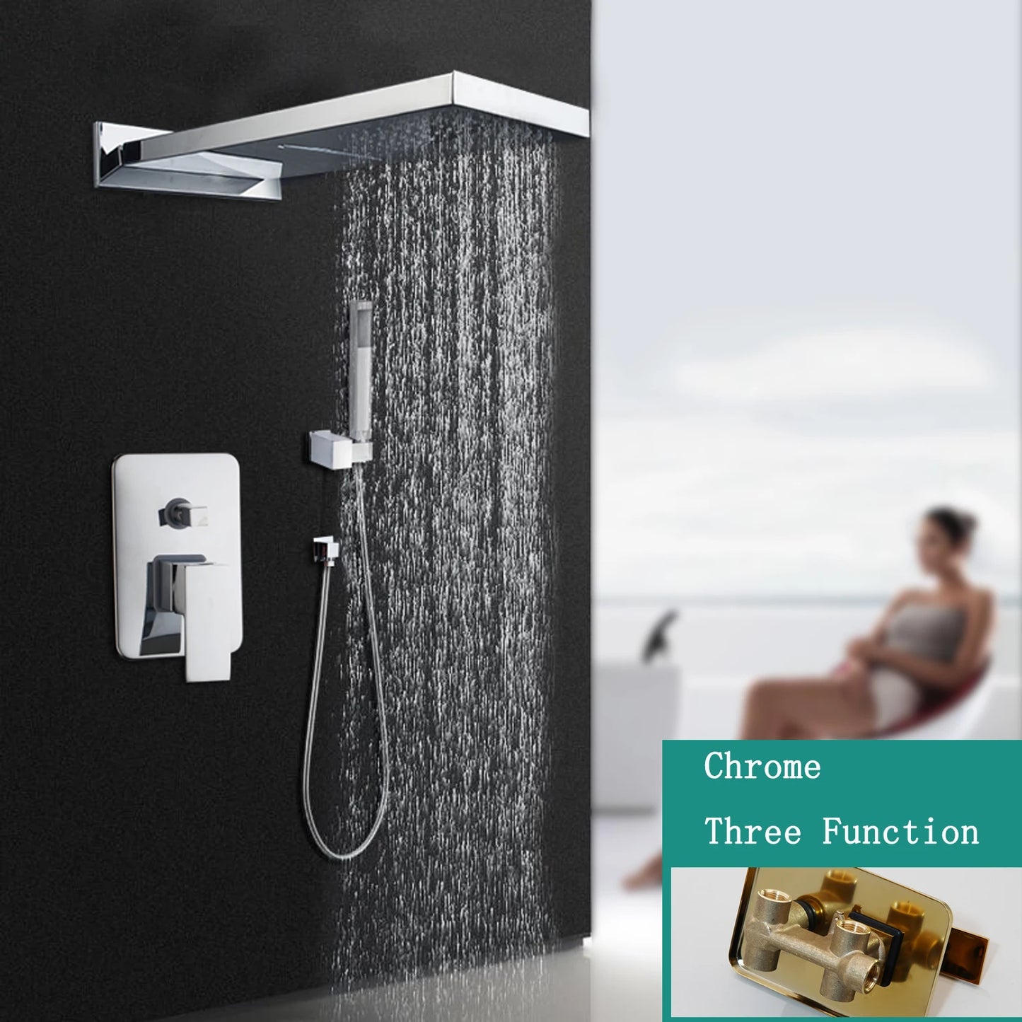 KEMAIDI Golden Black Bathroom Shower Systerm with Hand Spray 3 Functions Shower Faucet Set  Big Rainfall Waterfall Shower Head