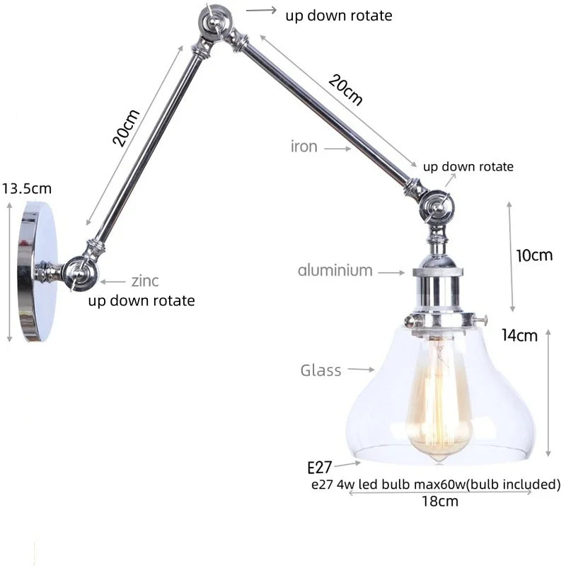 Decorbites™ Industrielles Loft Schwenkarm-LED-Wandleuchte Glas Vintage Spiegel-Lampe
