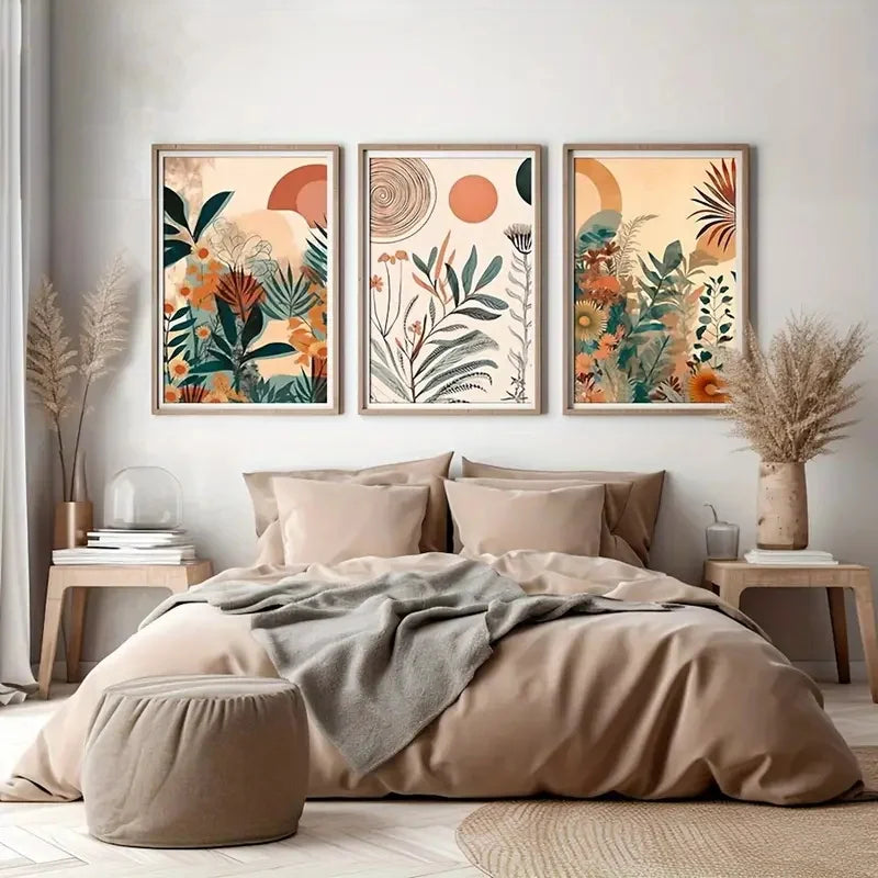 3pcs Canvas Poster Modern Art Boho Floral Posters Century Mid Modern Wall Art Ideal Gift for Bedroom Living Room Corridor Decor