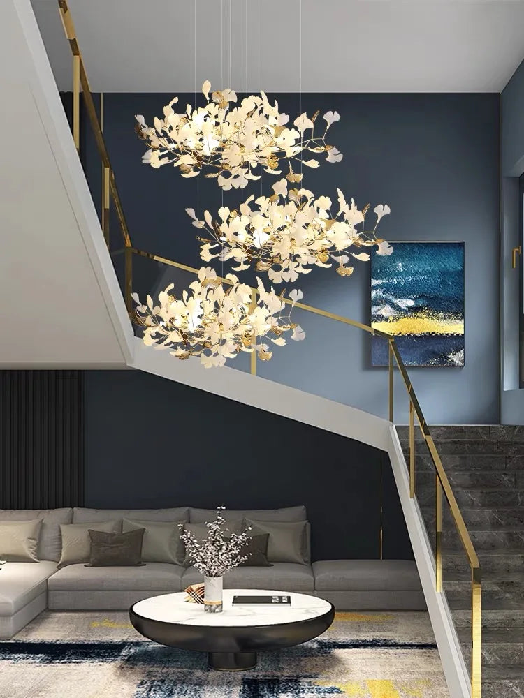 Gold Branch Chandelier 125cm Porcelain Leaves