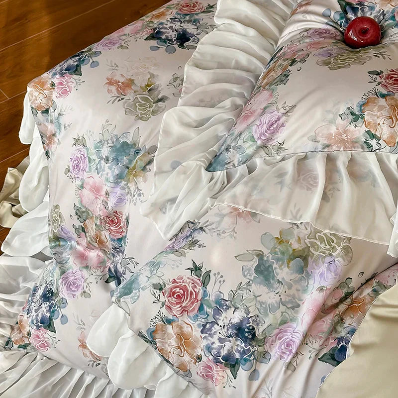 Decorbites™ Französische Blumen-Spitzen-Volants-Prinzessinnen-Bettwäsche-Set aus 1000TC ägyptischer Baumwolle