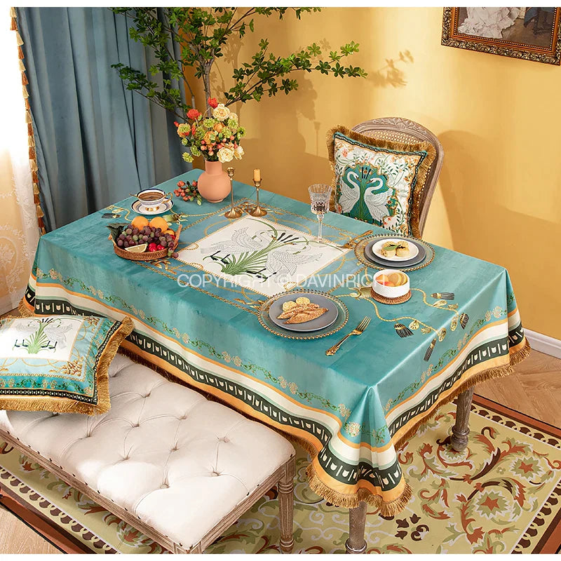 Decorbites™ Doppelschwan & Blumenmuster Samt-Tischdecke mit Quasten