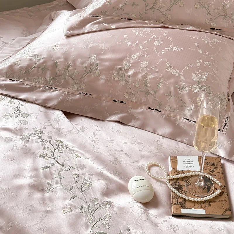 DecorBites™ Jacquard 100s Egyptian Cotton Bedding Set: King Queen Ru Size Sheet Blanket Pillowcase