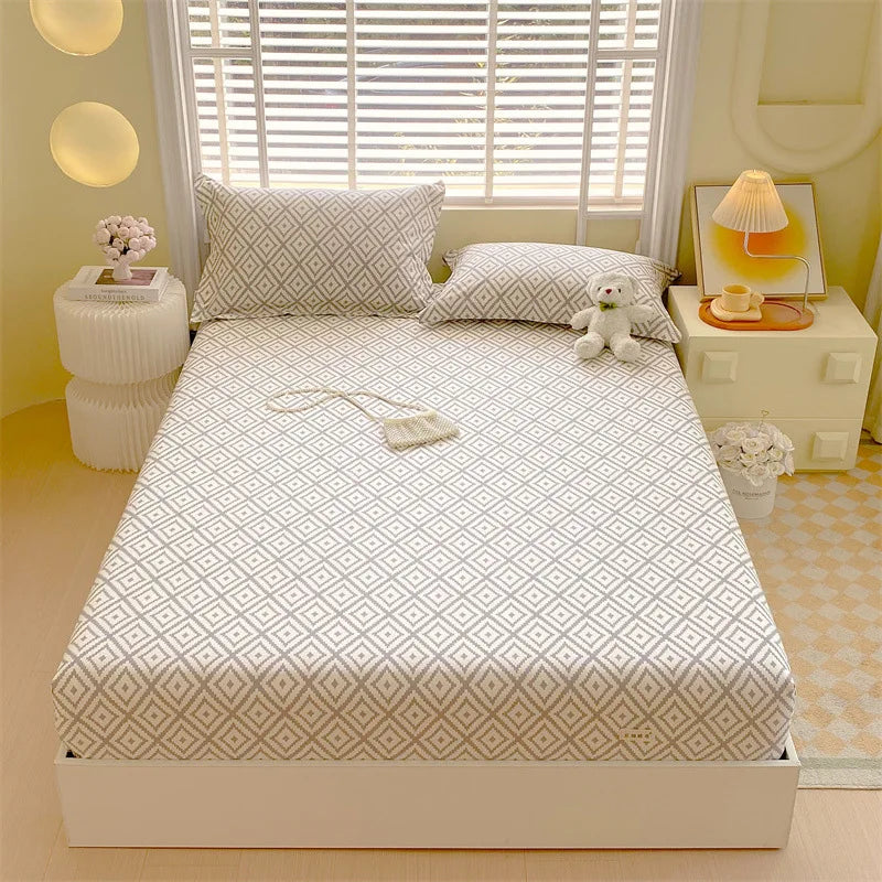 DecorBites™ Cotton Striped Fitted Bed Sheet for Queen Double Mattress Cover