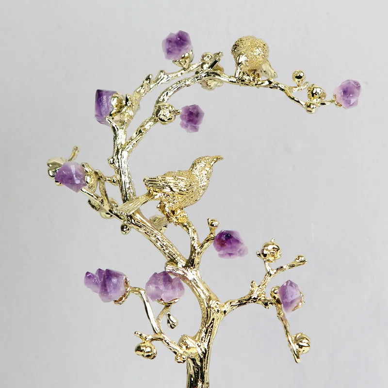 Decorbites™ Goldener Baum Kristallblüte Messing Amethyst Dekoration mit Goldenen Vogel-Figuren