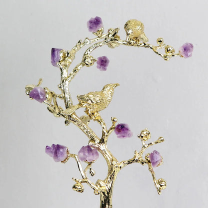 Decorbites™ Goldener Baum Kristallblüte Messing Amethyst Dekoration mit Goldenen Vogel-Figuren