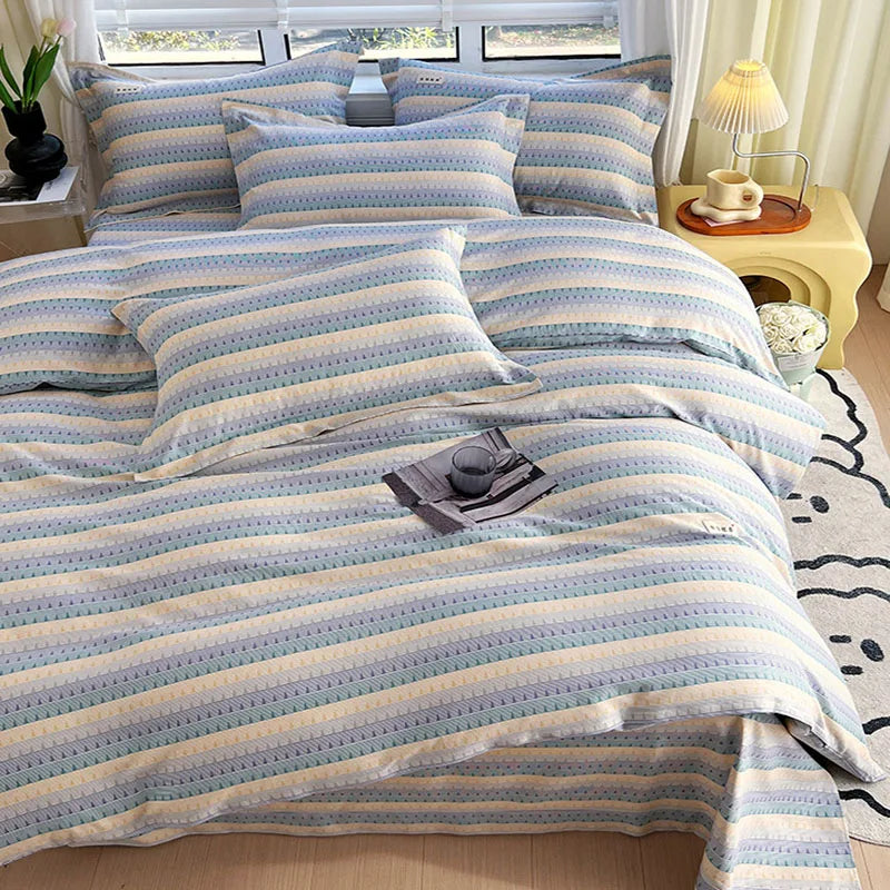 DecorBites™ Cotton Stripe Comforter Cover Set for Single Double Bed - Autumn Winter