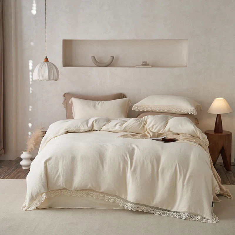 Decorbites™ Baumwoll-Bettwäsche-Set mit Spitzenkante für empfindliche Haut mit Steppdecke, Laken und Kissenbezügen