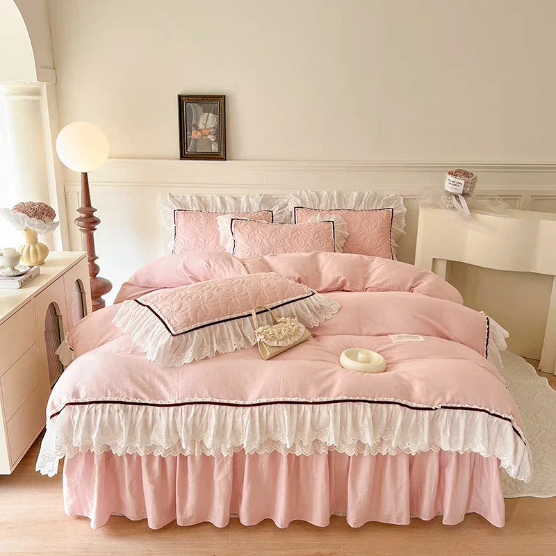 Decorbites™ Spitzen-Volants-Bettwäsche-Set: 4-teilig, einfarbiges Prinzessinnen-Bettüberzug, Bettrock, 100% Baumwoll-Kissenbezug