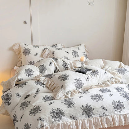 Decorbites™ Französische Spitze Blumen-Volants-Bettwäsche-Set - 100% Baumwolle Gerüschtes Garn 4 Stk.