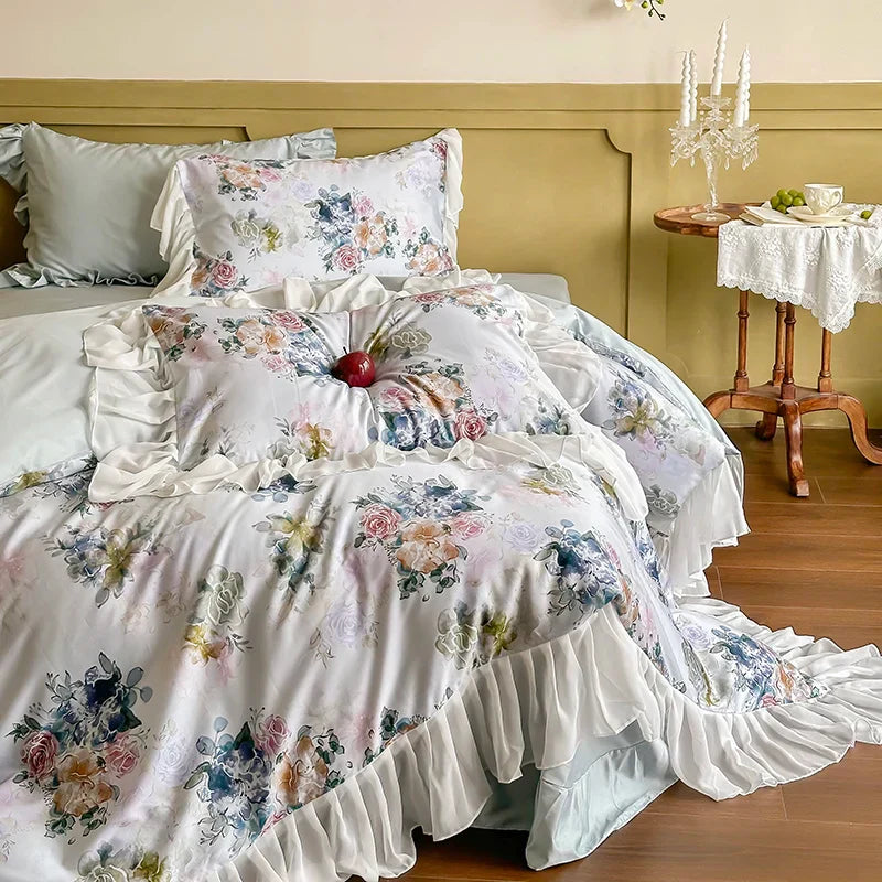 Decorbites™ Französische Blumen-Spitzen-Volants-Prinzessinnen-Bettwäsche-Set aus 1000TC ägyptischer Baumwolle